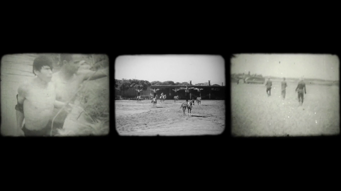Tres fotogramas en blanco y negro muestran personas en diferentes actividades al aire libre, una con personas de pie, otra con personas y perros en un campo y la última con personas caminando en un espacio abierto.

Description generated by AI