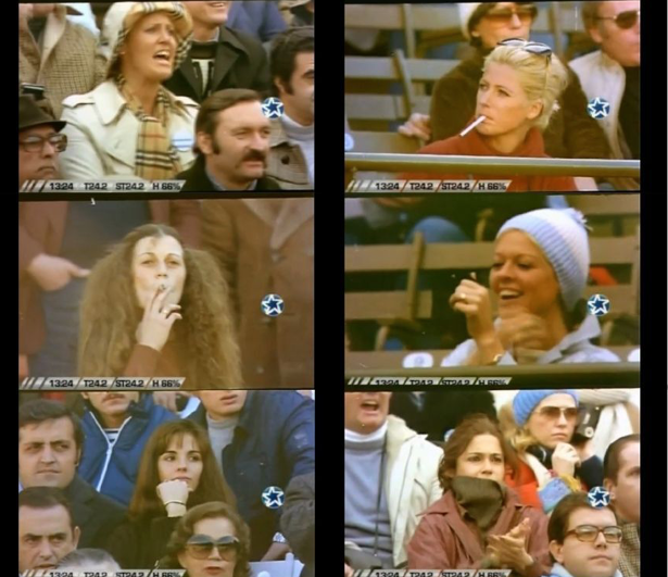 Varias personas en un estadio deportivo muestran diferentes expresiones mientras algunas fuman y otras observan el evento con atención.

Description generated by AI