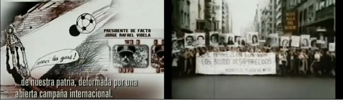 Personas en una manifestación sostienen pancartas con fotografías y un cartel con texto en español que menciona una campaña internacional y un presidente de facto.

Description generated by AI
