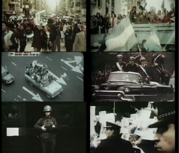 Multiselección de escenas históricas que muestran multitudes, vehículos con personas uniformadas y manifestaciones en calles urbanas.

Description generated by AI