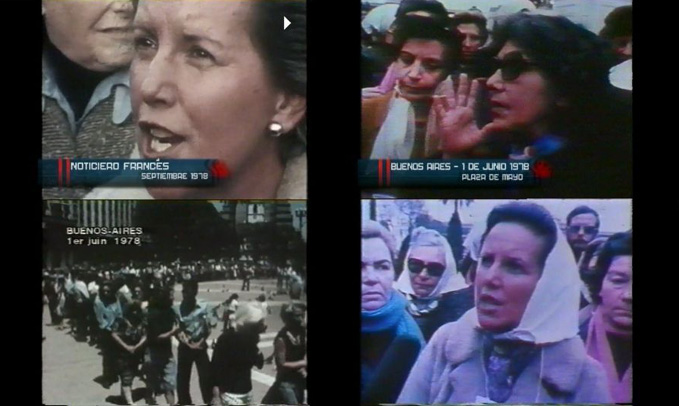 Varias escenas de archivo muestran a personas en manifestaciones y entrevistas en Buenos Aires en junio de 1978 con un estilo visual de noticiero antiguo.

Description generated by AI