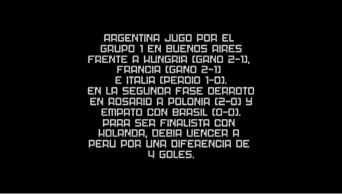 Texto en blanco sobre fondo negro que describe los resultados y desempeño de Argentina en un torneo de fútbol, mencionando partidos contra Hungría, Francia, Italia, Polonia, Brasil, Holanda y Perú.

Description generated by AI