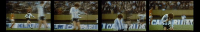 Una secuencia de cuatro imágenes muestra a una persona con camiseta blanca y pantalones cortos jugando al fútbol en un estadio con público.

Description generated by AI
