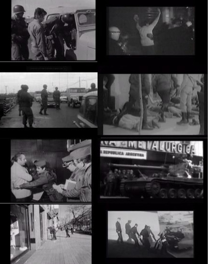 Varias escenas en blanco y negro muestran personas detenidas por soldados, manifestantes con las manos en alto, un tanque en una calle y personas interactuando en un contexto de conflicto o protesta.

Description generated by AI